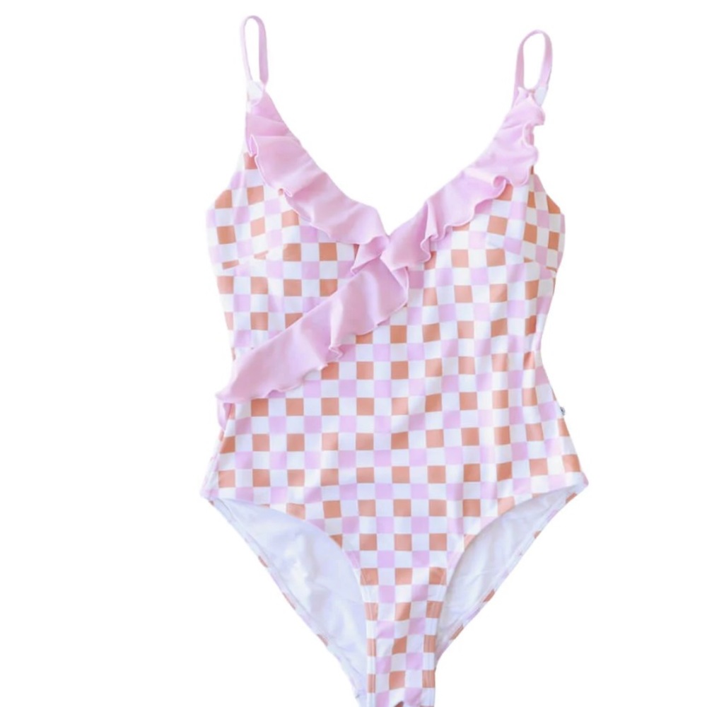 Caden Lane Pink and White Checkered One Piece Swimsuit